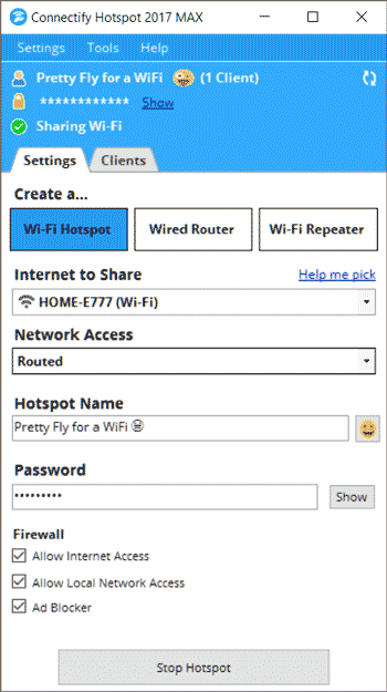 به صفحه Settings و سپس Wi-Fi connection بروید. نام SSID و رمز عبور انتخابی خودتان را وارد و روی گزینه “Start Hotspot” کلیک کنید.