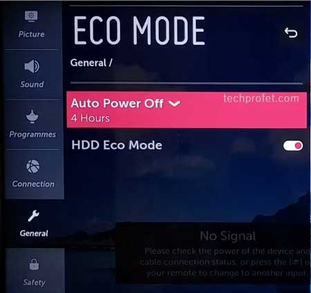 Settings > General > Eco Mode > Auto Power Off