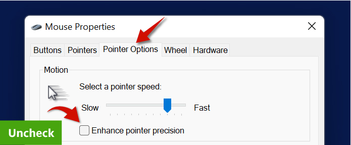 تیک گزینه Enhance pointer precision را بردارید.