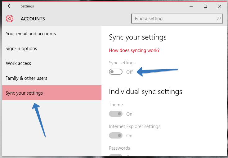 Disable PC Syncing in windows 10