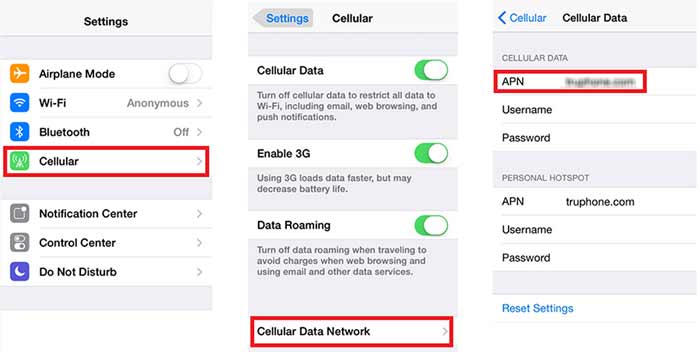 «تنظیمات» > «داده‌های موبایل» > «گزینه‌های داده موبایل» > «شبکه داده موبایل»