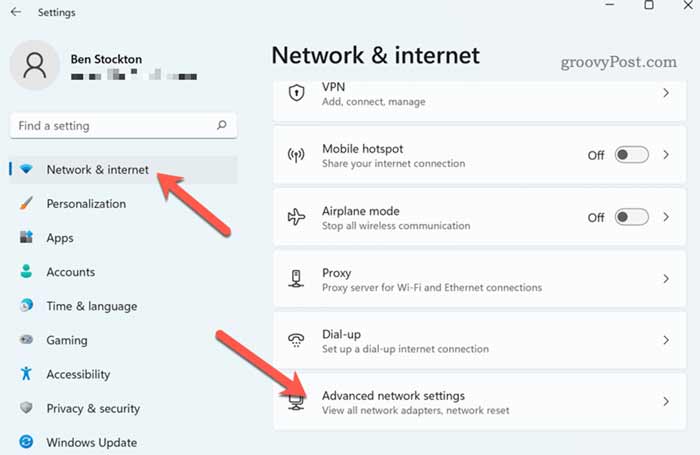به Settings > Network & Internet > Advanced Network Settings بروید.